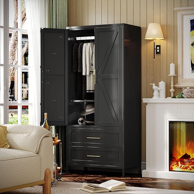SUPEER Metal Wardrobe Cabinet with 2 Drawer and Hanging Rod, 70.9" H Metal Armoire Wardrobe Closet with Adjustable Shelf for Bedroom, Laundry Room, Home,Office,Installation Required,Black