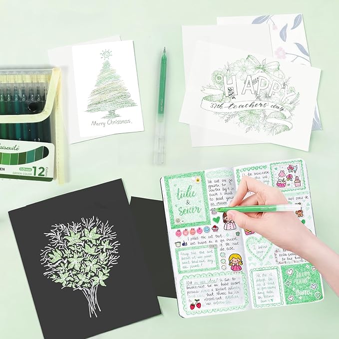CAISEXILE 12 Green Glitter Gel Pens Set, 1.0 mm Fine Point for Black Paper & White Paper, Large Capacity Pens for Journaling, Adult Coloring Books, Drawing, Note Taking, Highlighting