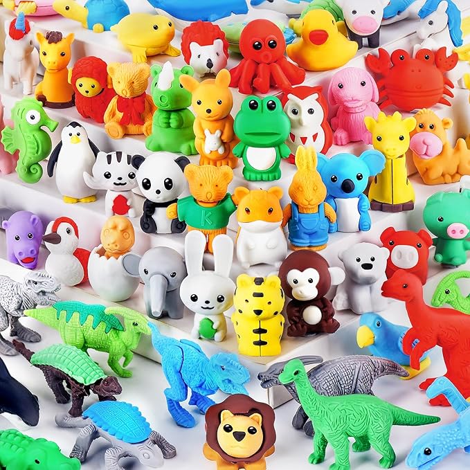 URSKYTOUS 60Pcs Animal Erasers Kids Desk Pets Pencil Erasers 3D Puzzle Bulk Mini Animal Eraser Toys Fun Cute Eraser for Classroom Rewards, Game Prizes, Treasure Box, Easter Egg Fillers
