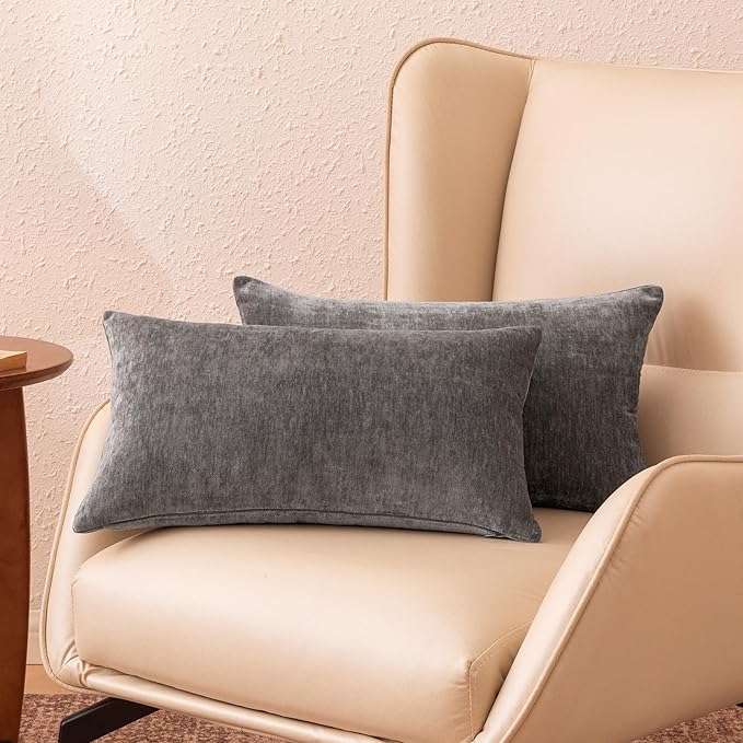 Amazon Basics Chenille Throw Pillow Covers, Home Decor Lumbar Cushion Cover for Bedroom Living Room Couch Bed, 12" W × 20" L, Dark Gray