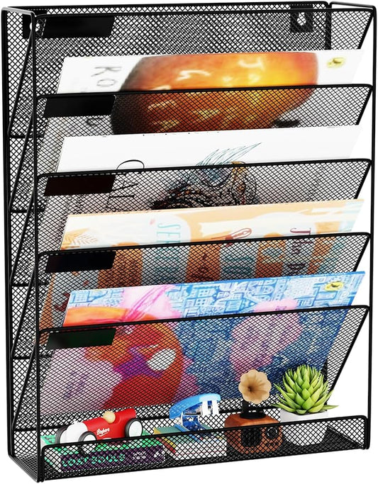 GDINDINFAN Wall File Organizer Holder Mesh Hanging Paper Document Holder,Vertical 6 Pocket Tier for Office Home, Black