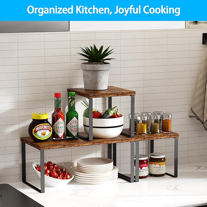 Golener Countertop Organizer Corner Shelf, 2 Tier Adjustable Stackable Corner Shelves for Kitchen, Bathroom, Spice Rack, Coffee Area, Cabinet, Dresser Table, Corner Counter Shelf Stand, Rustic Brown
