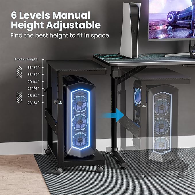 EUREKA ERGONOMIC PC Stand Computer Cart, Height Adjustable Tower Stand 2-Tier Suit for ATX Case Printer, Metal Rolling Cart on Wheels for Gaming Home Office, Carbon Fiber