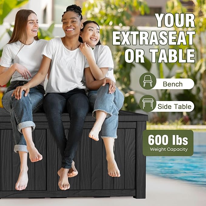 Yardgrace Extra-Large 150 Gallon Outdoor Chest Storage Waterproof - Outside Storage Box & Bench, Resin Deck Chest for Patio/Pool, Lockable UV-Resistant, Onyx Black