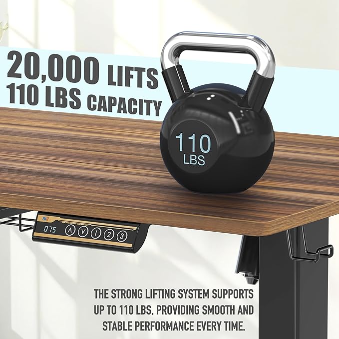 SHW 55 x 28 Inches Electric Height Adjustable Standing Desk with Drawer and Memory Preset, Walnut