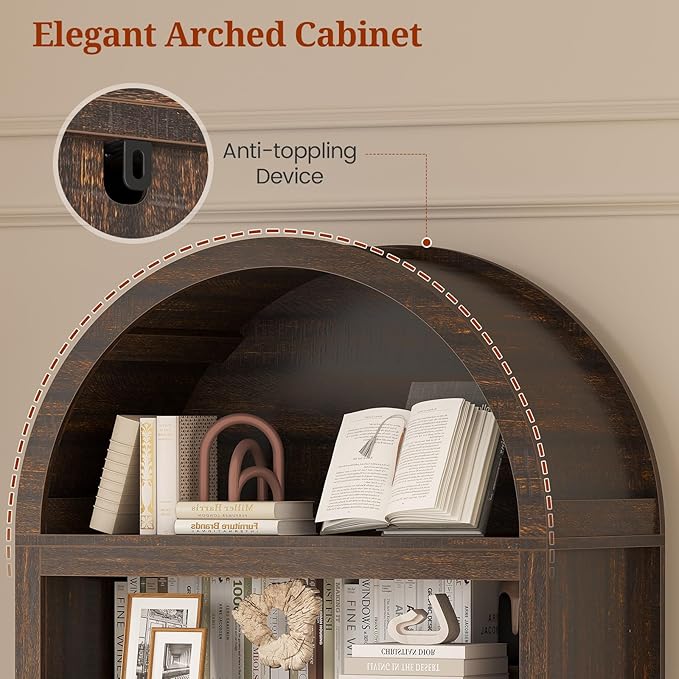 81" Tall Arched Cabinets,Bookcase with storage,Mid-Century Modern 6-Tier Bookshelf with Door,2 Book Risers and Adjustable Shelves offering more storage space for Living Room,Kitchen,Home Office,Walnut