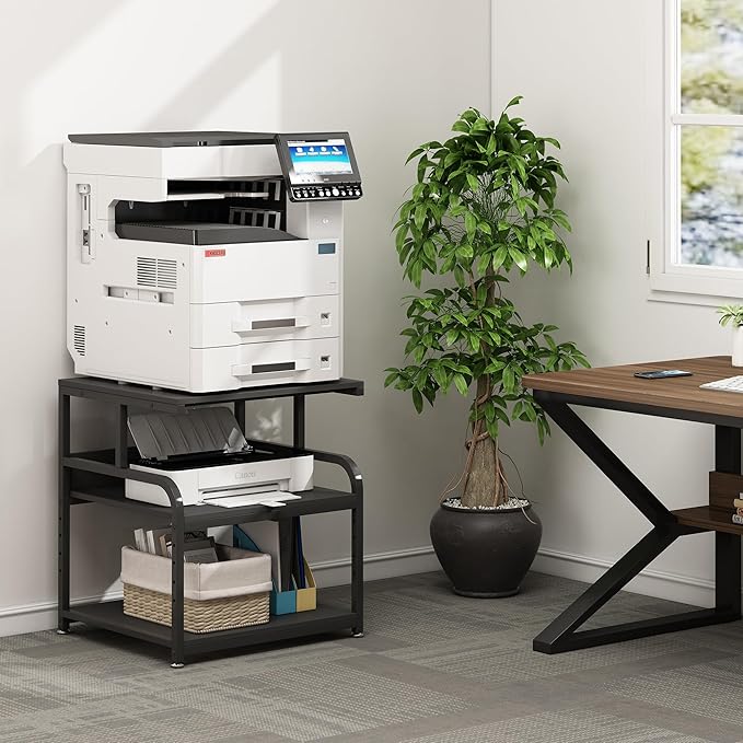 Fannova 25.6" x 23.6" Extra Large Printer Stand Table with Adjustable Storage Shelf, 3 Tier Rolling Printer Cart with Industrial Wheels for Home Office, Black
