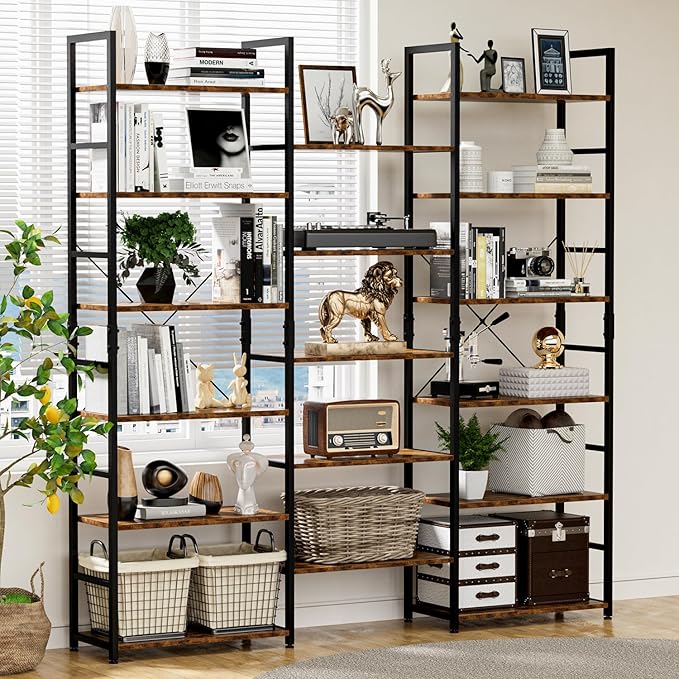 NUMENN Triple Wide 6 Tier Bookshelf, Rustic Industrial Style Bookcases and Bookshelves with 17 Open Display Shelves, Modern Tall Bookcase Furniture for Bedroom, Living Room and Home Office, Vintage