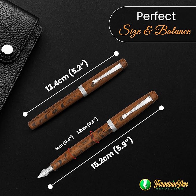 FPR Himalaya V2-Chrome Ultra Flex Nib Pen - Twist-Style Converter Filled Calligraphy Pens for Writing - Fancy Pens for Men & Women - Flex Fountain Pen w/Metal Clip & Cap Ring (Brown Ebonite)