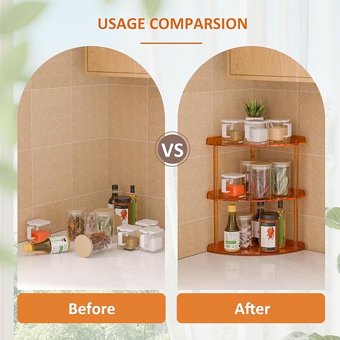 Sezanrpt 3 Tier Acrylic Corner Shelf Organizer Storage 9.5x9.5x15.7 Inch, Orange Countertop Corner Shelf for Bathroom, Kitchen, Bedroom, Office, Study Room