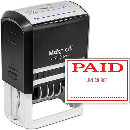 MaxMark Large Self-Inking Rubber Date Office Stamp with Paid Phrase & Date - Red Ink, 12-Year Band - Style 3
