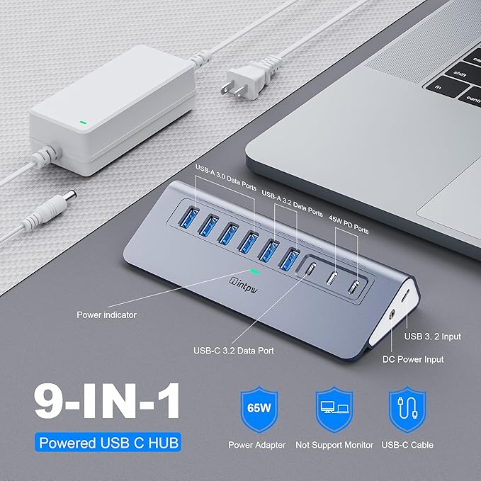 YH6AC Powered USB Hub 10Gbps, intpw 9-Port USB Splitter with USB A/USB C 3.2, 4 USB 3.0, 2 PD 45W Charging Ports, 65W Power Adapter + 3.3FT Cable, Aluminum USB Extender Hub for Laptop, PC,iPhone 17/16