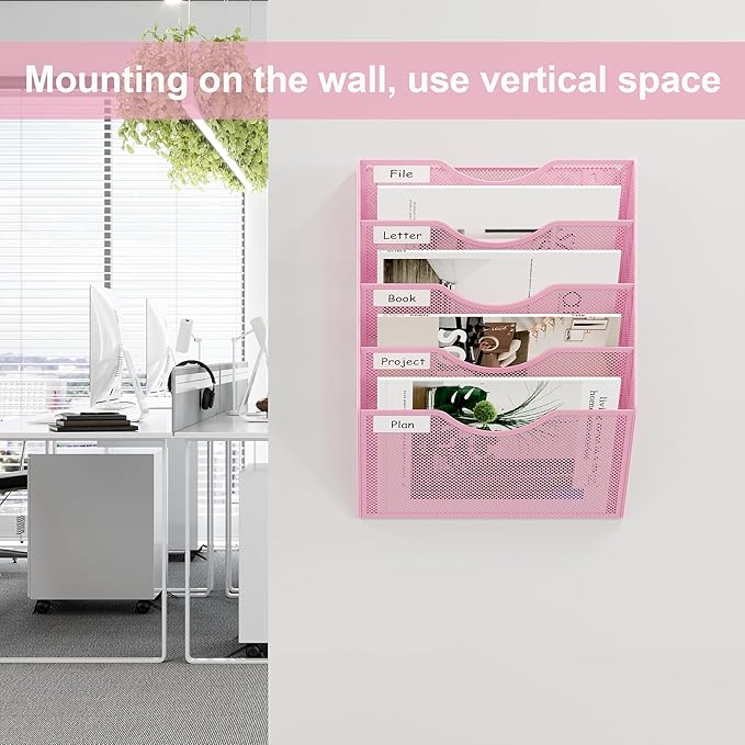 EasyPAG 5 Pocket Mesh Wall File Organizer, Hanging Paper Folder Holder with Classify Label, Vertical Wall Mount Mail Organizer for Office Home Classroom, Pink