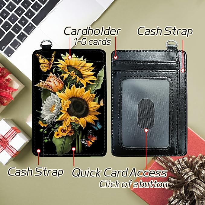 BWEGRHE Small Travel Wallets, Sunflowers Butterfly Slim Minimalist Front Pocket Wallet with Wristlet, RFID Blocking PU Leather Credit Card Holder with ID Window Change Purse for Men Women