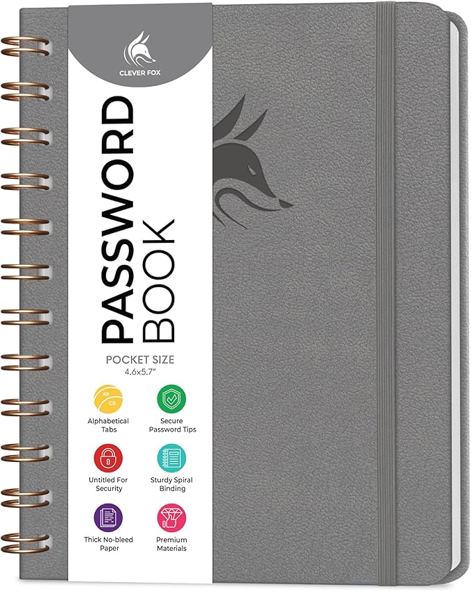 Clever Fox Password Book Spiral – Mini Internet Address & Password Organizer with Laminated Alphabetical Tabs – Small Password Keeper Journal – Hardcover, Pocket Size, 4.7x5.7” (Gray)