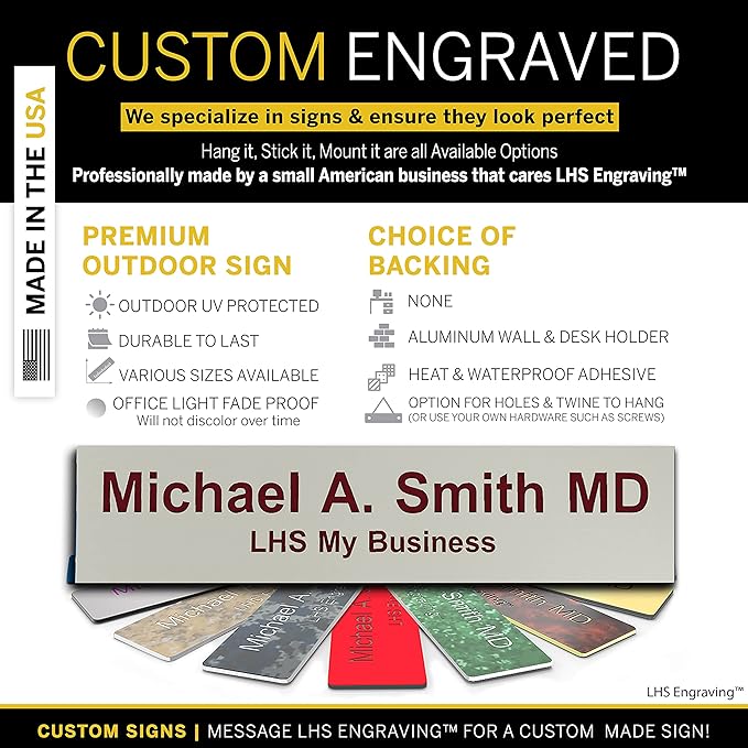 Engraved Name Plates for Door Sign Personalized Gray Plastic Plaque with Maroon Letters - Made in USA 2x8 B21