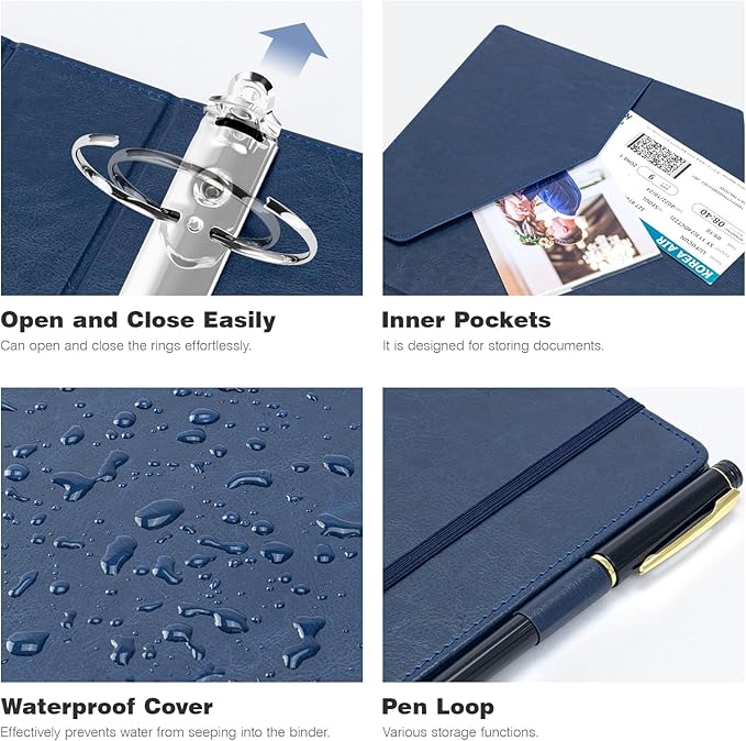 Ospelelf Vintage Hardcover 3 Ring 2 inch Leather Binder, Professional Binders Organizer Suitable for Letter Size Documents, Binder Dividers with Tabs, Dark Blue