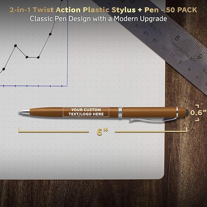 DISCOUNT PROMOS Custom Twist Action Plastic Stylus Pens, Set of 50, Personalized Bulk Pack - Pens for Work, Cool Pens for Writing, Black Ink - Gold