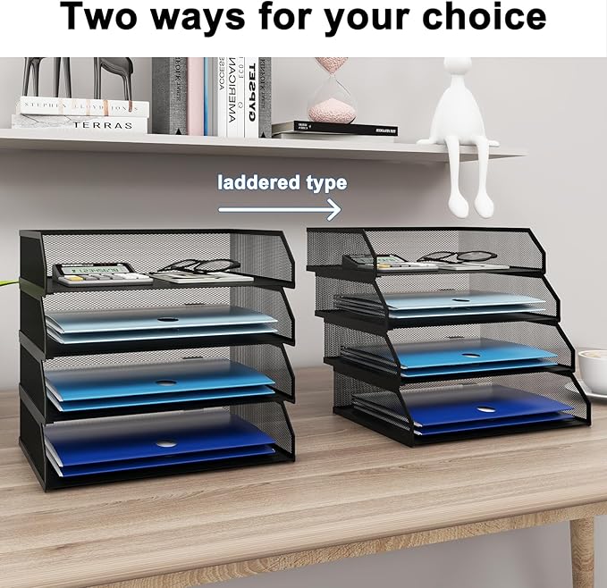 Natwind 4-Tier Stackable Paper Tray, Metal Mesh Desktop Organizer, A4 Paper Sorter, Letter Trays,File Folder Sorter Organizer with Sliding Tray for Home, Office, School (Black)