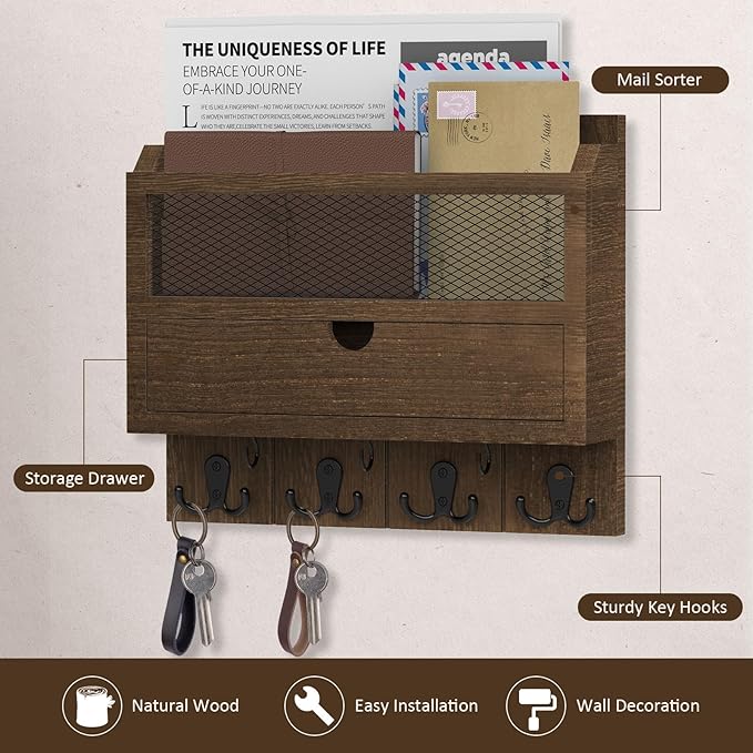 Nekon Mail Organizer with Drawer for Wall, 12"W x 10"H x 3.1"D Mail Sorter Wall Mounted, Wooden Key Holder Wall File Organizer Letter Sorter for Letter Magazines (Brown)