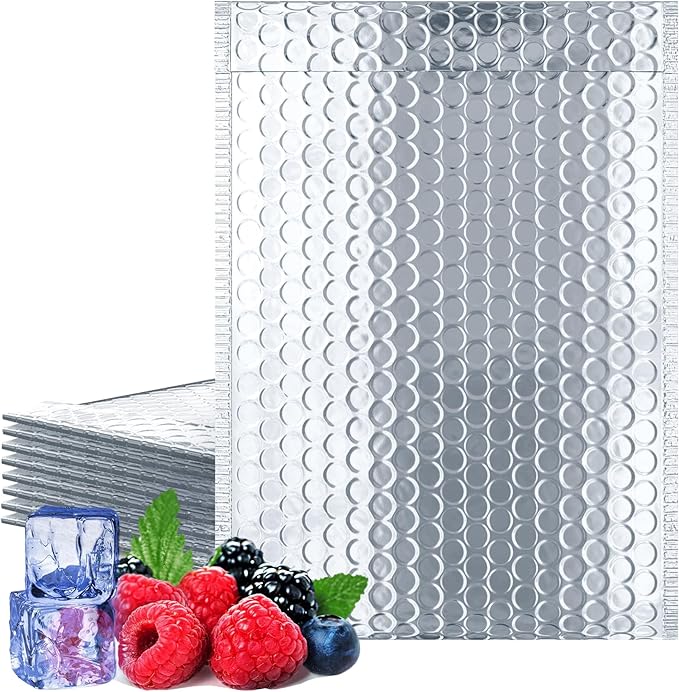 Amiff Silver Thermal Bubble Mailer, 12 x 17 Inches. 10 Pack Metallic Bubble Mailers. Self-Seal Insulated Mailers for Cold Shipping. Padded Envelopes Waterproof. Thermal Bag for Food, Cosmetics
