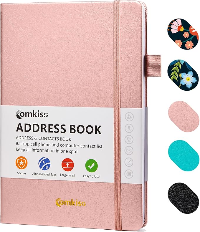 Comkiso Address Book with Individual Alphabetical Tabs Laminated, Large Print Address Book with 468 Wide Lining Entry Spaces, Change of Address Labels, Hardcover Address Book 5.7 x 8.5" - Rose Gold