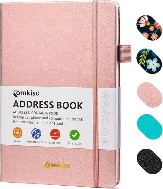 Comkiso Address Book with Individual Alphabetical Tabs Laminated, Large Print Address Book with 468 Wide Lining Entry Spaces, Change of Address Labels, Hardcover Address Book 5.7 x 8.5" - Rose Gold