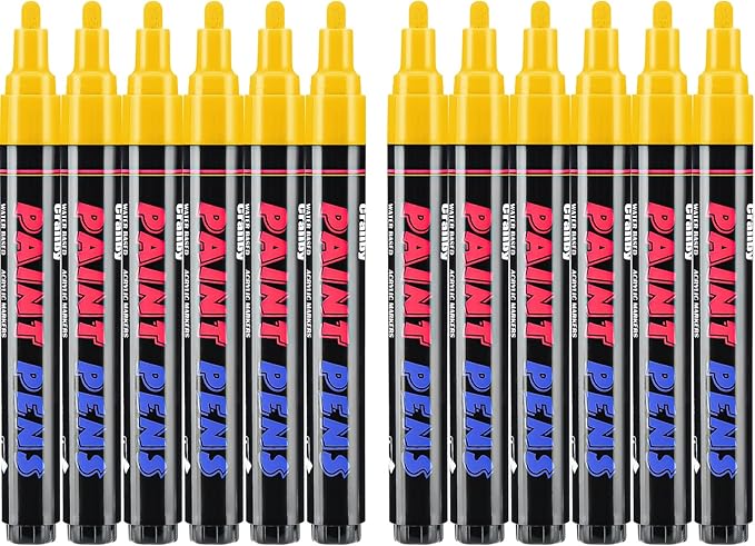 Craiiby Yellow Paint Pens Paint Markers - 12 Pack Permanent Quick Dry Waterproof Marker Pens for Rocks Wood Fabric Plastic Canvas Glass Mugs Metal Tire Stone