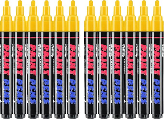 Craiiby Yellow Paint Pens Paint Markers - 12 Pack Permanent Quick Dry Waterproof Marker Pens for Rocks Wood Fabric Plastic Canvas Glass Mugs Metal Tire Stone