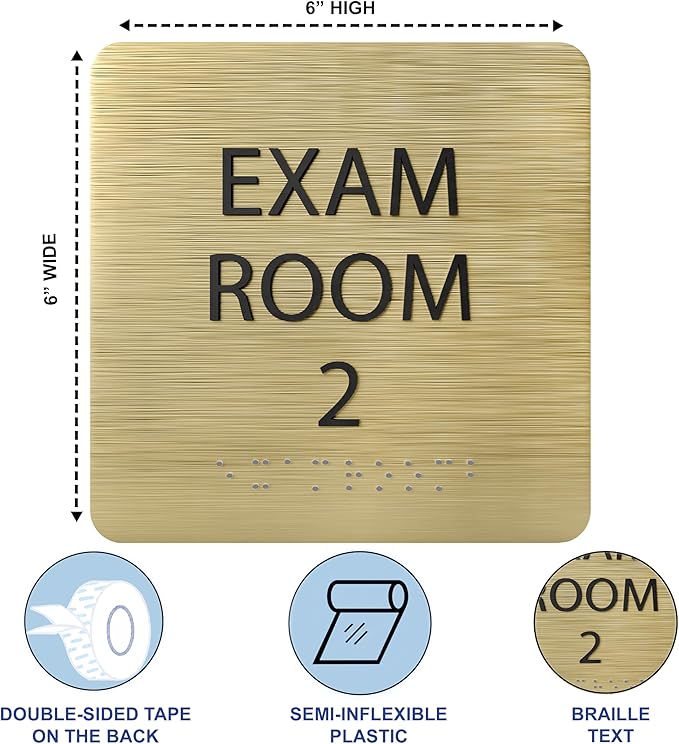 ADA CENTRAL SIGNS - 6" X6" Exam Room 2 Sign - ADA Compliant Tactile Graphics Grade 2 Braille Text Acrylic Wall Signs - Educational Institution Directional Assistance Test Center Door Sign for Schools