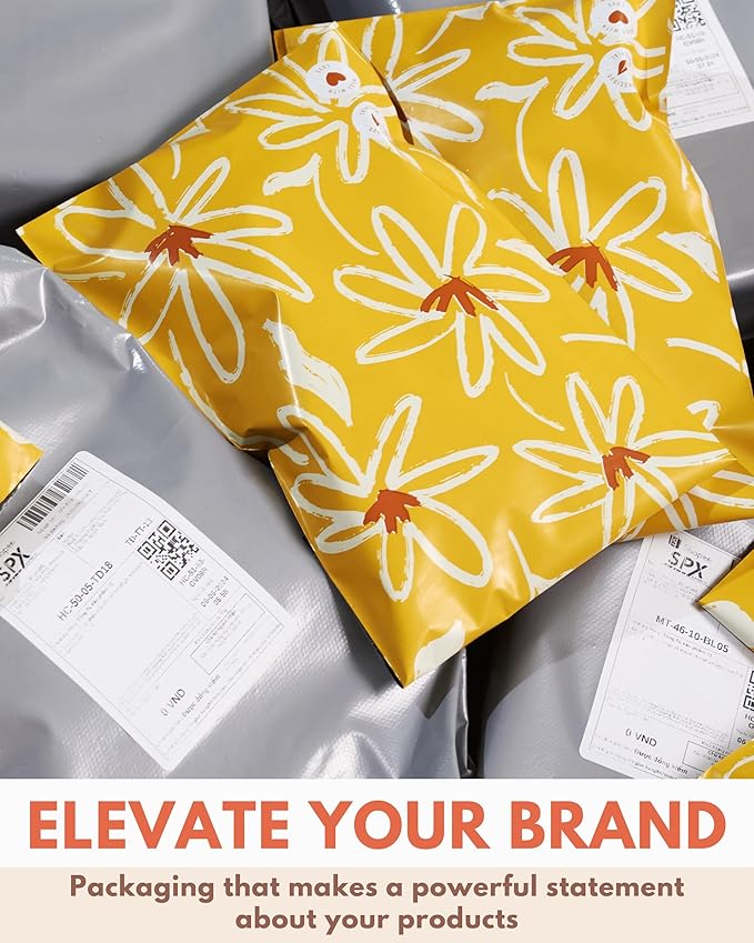 Poly Mailers 6 x 9 Inch - 100 pack Biodegradable Shipping Bags for Stationery and Small Accessories - Impack Self-Seal Waterproof Thick Mailing Envelope for Small Items - Golden Pencil Floral