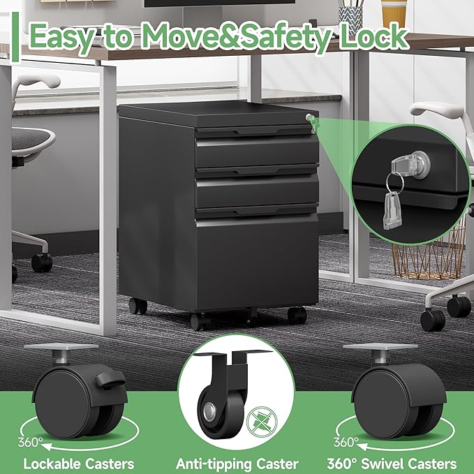 LONGLINK 3 Drawer Mobile File Cabinet with Lock,Under Desk Metal Filing Cabinets with Wheels for Home Office Organizer Letters/Legal/A4(Easy Assemble-Black)