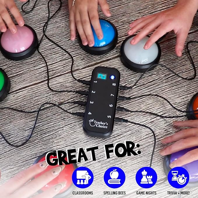 Teacher's Choice Light Up Game Buzzer System, Displays The Winning Player Loud, Unique Sounds for Each Buzzer, Great for Trivia Games, Family Feud, Jeopardy (4 Pack)