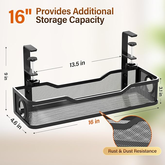 Under Desk Cable Management Large, Cinati 16" Cable Management Box for Table Thickness up to 3", Wire Cord Organizer with Clamp No Drill, No Damage to Desk (Black)