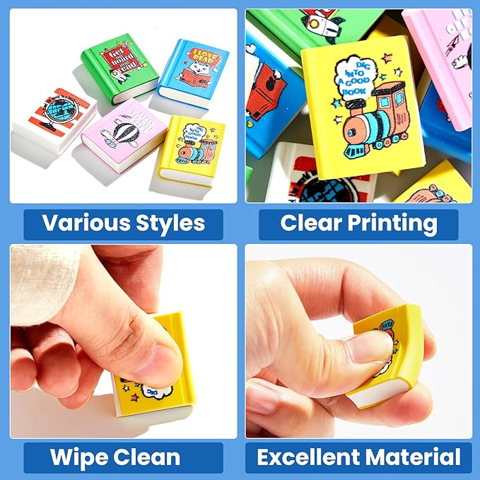 party greeting 100Pcs I Love to Read Pencil Erasers Fun Erasers Bulk for Kids Read Across America Prizes Drawing Sketching Supplies Reading Positive Reward Gift School Classroom Teacher Colorful