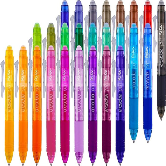 ParKoo 26 Colors Erasable Gel Pens, Retractable Erasable Pens Fine Point (0.7), Make Mistakes Disappear, Assorted Color Inks for Writing Drawing Coloring Planner