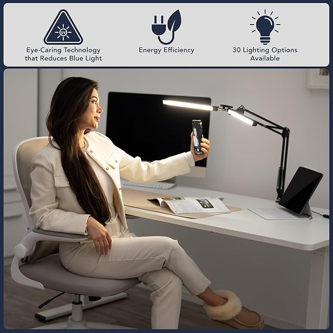 Glint Edge Double Head LED Desk Lamp, Ultra-Wide Coverage for 72" Workspaces, Eye-Caring, 360° Adjustable, Stepless Dimming, Remote Control, 10 Brightness Modes, 3 Color Temperatures, Energy Efficient