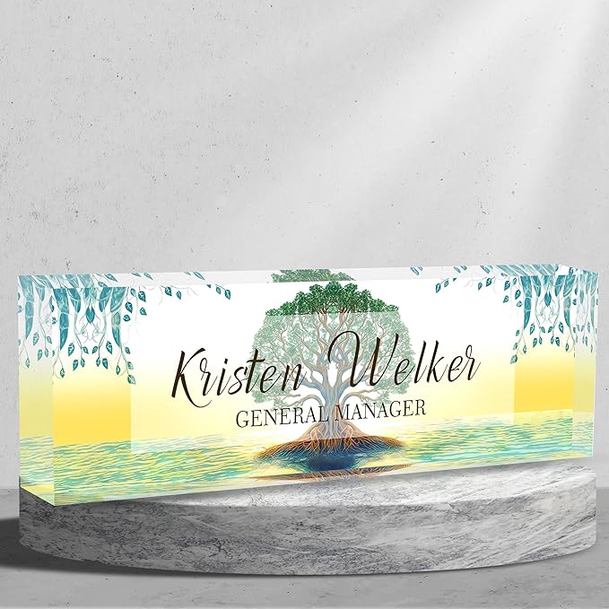 AZUFEMOS Personalized Acrylic Desk Name Plate Custom Employee Appreciation Gifts Office Gifts for Women, Men, Boss, Coworkers, Teacher, Nurse (Tree of Life)