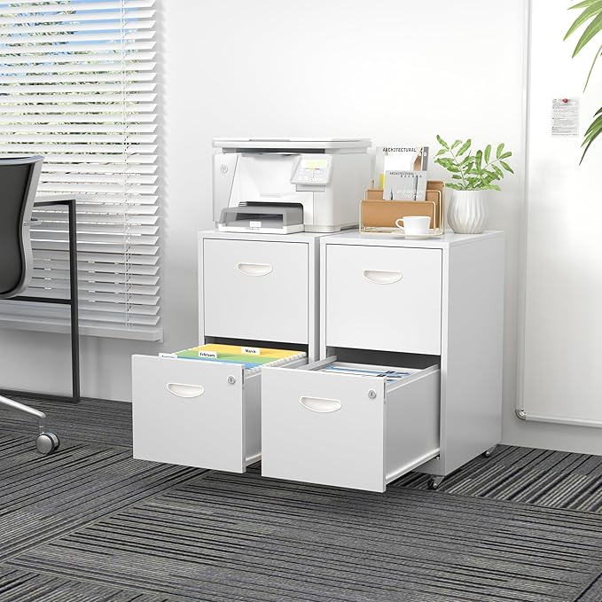 SteeLoong 2 Drawer File Cabinet with Lock，White Rolling File Cabinet for Home Office, Metal Small Mobile Filing Cabinets on Wheels for Hanging Letter