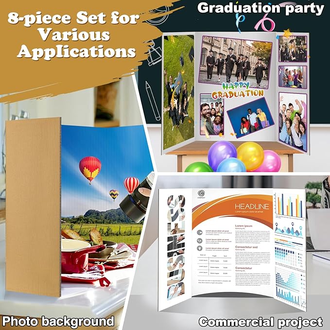 8 PCS Trifold Poster Board - 16" x 23" Small Tri Fold Display Board Hard & Thick White Presentation Cardboard for Science Fair, School Projects, Business Supply
