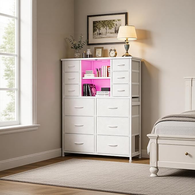 EnHomee Dresser for Bedroom with Drawers, Charging Station & LED Light, Large White Dresser for Hallway, Living Room, Entryway, Wooden Top, Metal Frame, 50.6" H x 37.8" W x 11.8" D