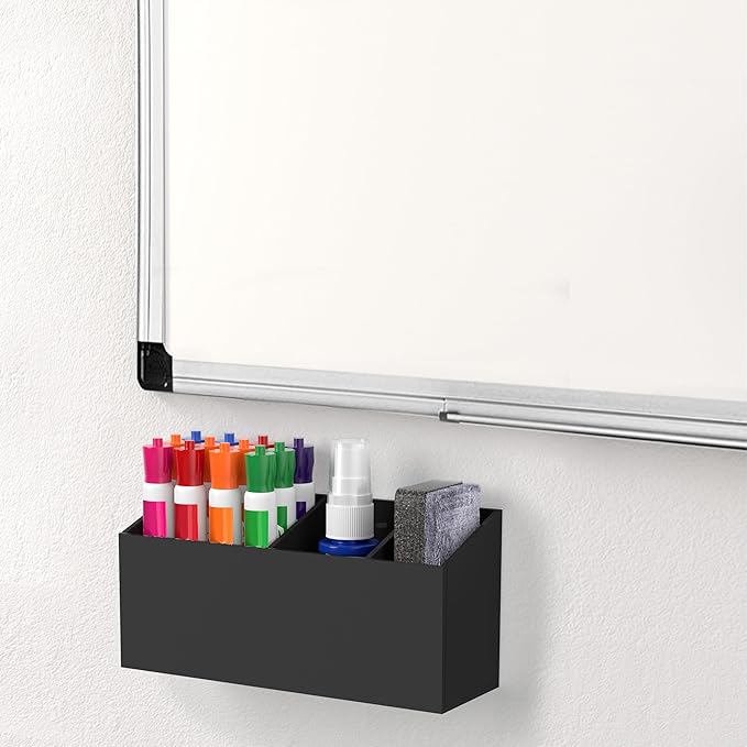 HBlife Magnetic Dry Erase Marker Holder for Whiteboard with 3 Compartments, Acrylic Wall Mount Magnet Pen Pencil Holder for Refrigerator, Locker Organizer Accessories for Classroom Office, Black
