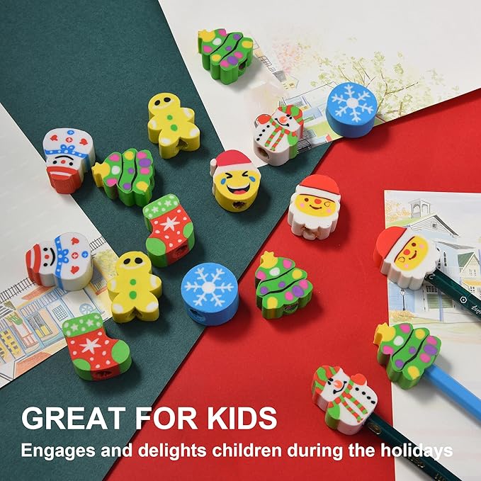 42 Pieces Christmas Pencil Top Erasers for Kids, Christmas Pencil Erasers Toppers Bulk, Cute Mini Cap Erasers for Holiday Party Favors Classroom Rewards Goodie Bags Stuffers Stocking Stuffers