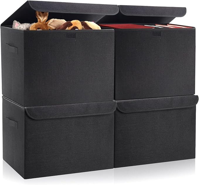 Bagnizer Large 22 Quart Linen Fabric Foldable Storage Bin Cube Organizer Basket with Flip-Top Lid & Handles, Clothes Blanket Box for Home, Office, Closet, Black, 4 Pack 14.6 x 9.5 x 9.5”