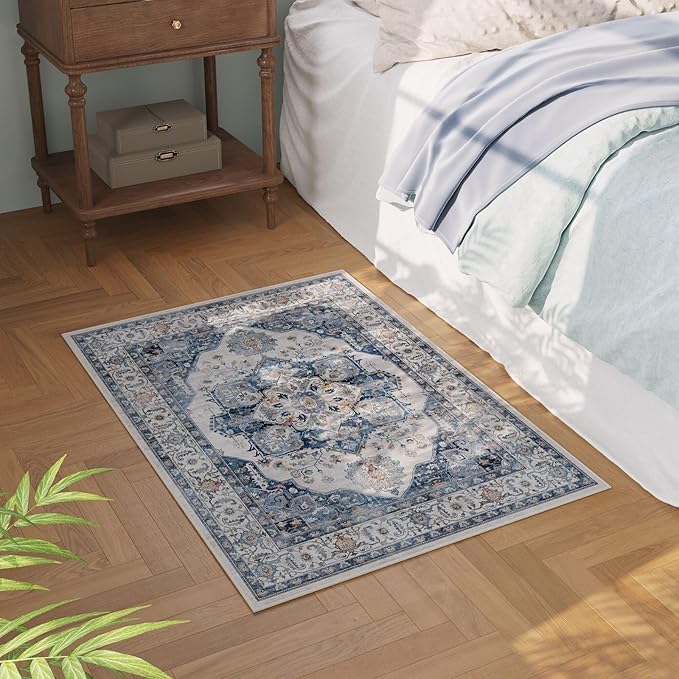 Rugcomf Vintage Medallion Rugs for Entryway 2'x3' - Door Mat Indoor Entrance, Machine Washable Area Rug, Non-Slip Low Pile Boho Carpet for Kitchen, Front Door, Bedroom, Kids Room - Blue