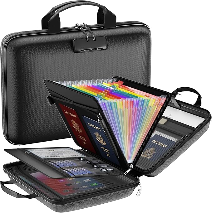 Fireproof File Organizer with Lock, Hard-Shell Case Fireproof Document Box with 13 Colorful Pockets Accordion File Folder, Important Document Organizer for Letter A4 Files Laptop Passports (Black)