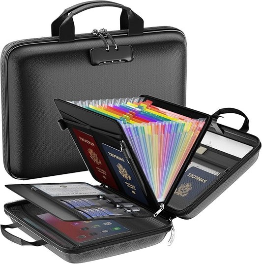 Fireproof File Organizer with Lock, Hard-Shell Case Fireproof Document Box with 13 Colorful Pockets Accordion File Folder, Important Document Organizer for Letter A4 Files Laptop Passports (Black)