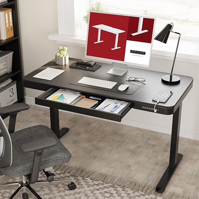SANODESK Standing Desk with Drawer, Electric Height Adjustable Home Office Desk with Storage & USB Ports, 48 inch Black Wood Tabletop/White Frame