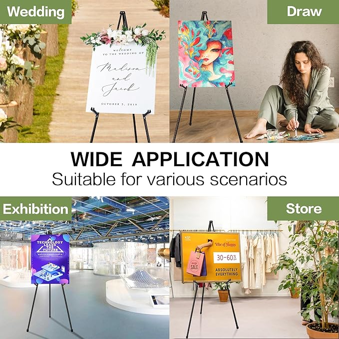 VAIIGO 63" Display Easel Stand - 3Packs Art Easels for Wedding Sign Poster Stand Folding Floor Adjustable Metal Black Easel Instant Tripod Easel for Painting Wedding Welcome Sign Stand