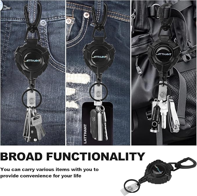 LATTHANT ID Badge Holder Retractable, 2 Pack Heavy Duty Badge Reel with 31.5 inch Steel Cable, 360-Degree Rotating Carabiner Clip for Office ID Cards, Work Security Access, Professional Workplace Use